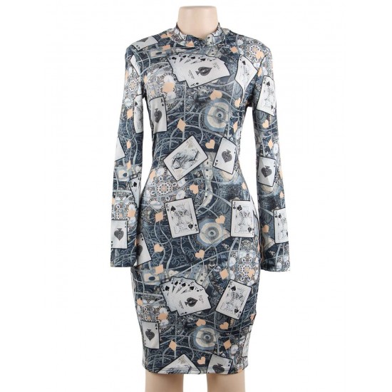 Fashion Poker printing Long Sleeve Bodycon Dress