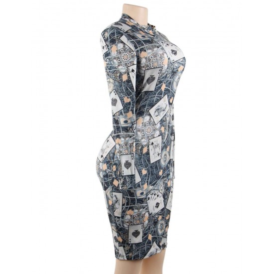 Fashion Poker printing Long Sleeve Bodycon Dress