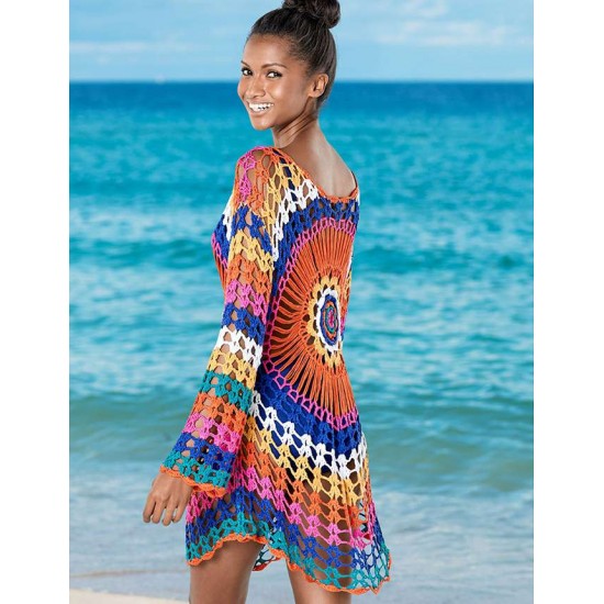 Long Sleeve Rainbow Knitted Handmade Crochet Hollow Beach Dress 