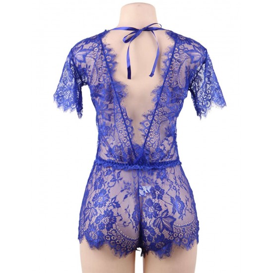 Blue Eyelashes Lace Open-chest Teddy