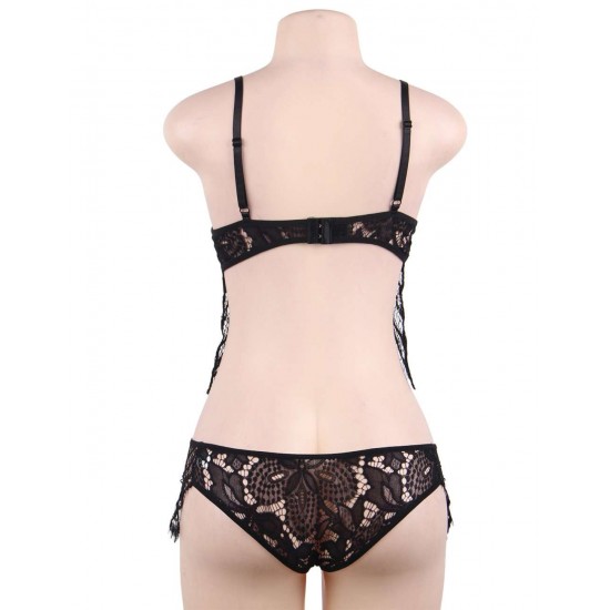 Black Eyelash Lace Super Thin Cup Sexy Bra Set