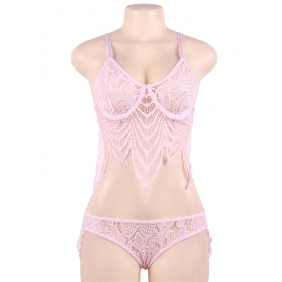 Pink Eyelash Lace Super Thin Cup Sexy Bra Set