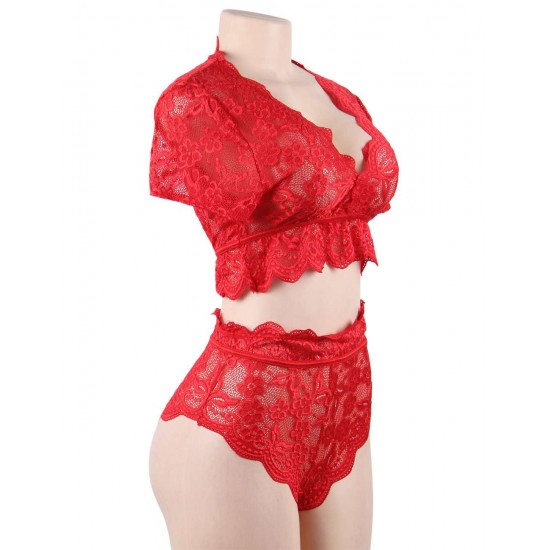 Plus Size Naughty Sexy Girls High Waist Red Full Lace Bra Panty Underwear