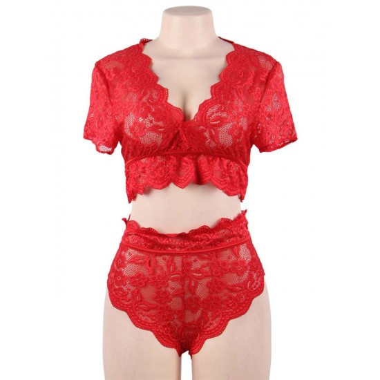 Plus Size Naughty Sexy Girls High Waist Red Full Lace Bra Panty Underwear