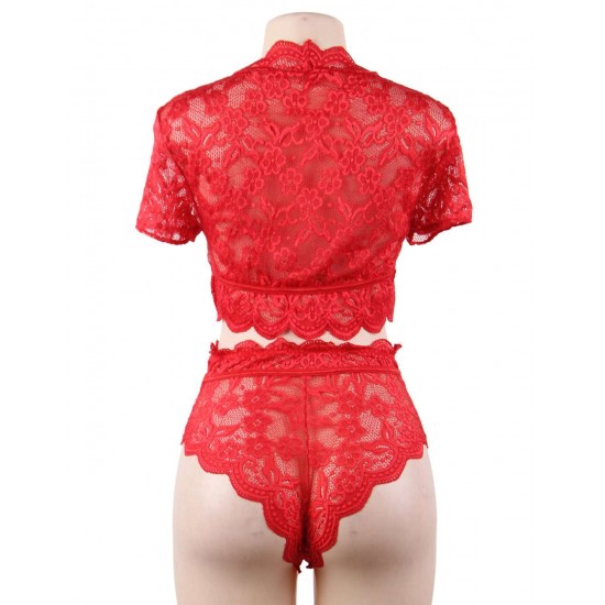 Plus Size Naughty Sexy Girls High Waist Red Full Lace Bra Panty Underwear