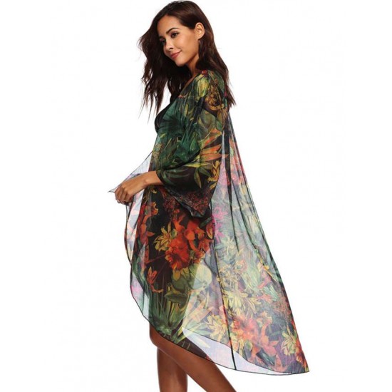 Floral Printed Sexy Sheer Chiffon Cardigan Beach Cover Up