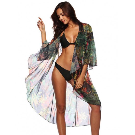 Floral Printed Sexy Sheer Chiffon Cardigan Beach Cover Up