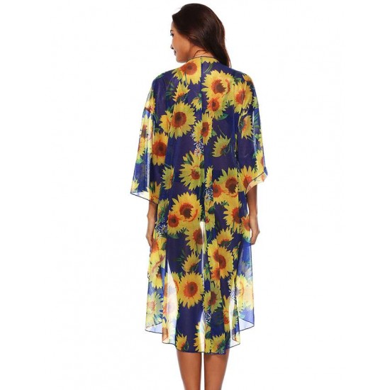 Sunflower Print Sexy Sheer Chiffon Cardigan Beach Cover Up