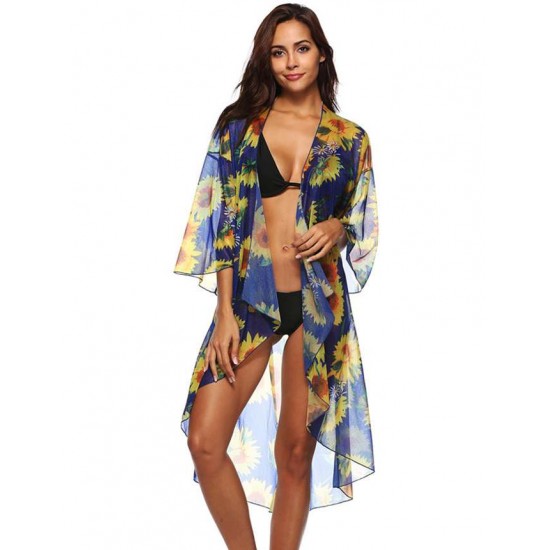 Sunflower Print Sexy Sheer Chiffon Cardigan Beach Cover Up