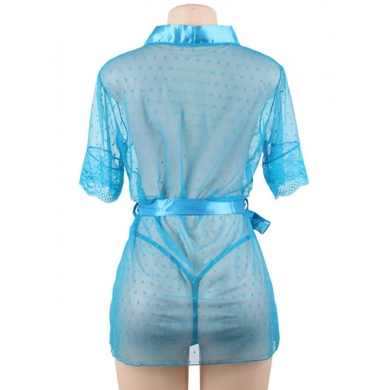 Blue Sexy Lace Transparent Pajamas Underwear Set