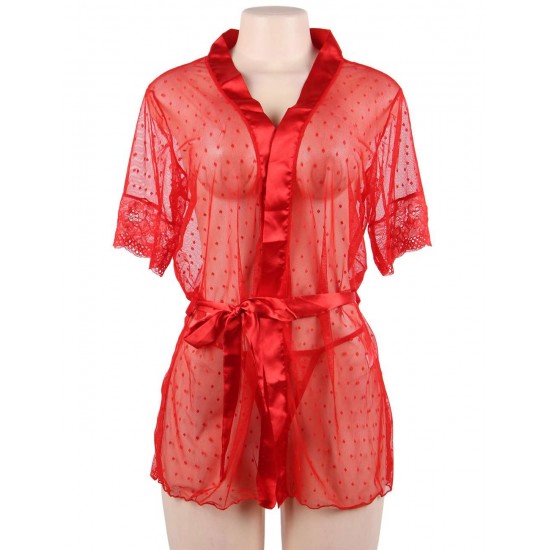 Plus Size Red Sexy Lace Transparent Pajamas Underwear Set