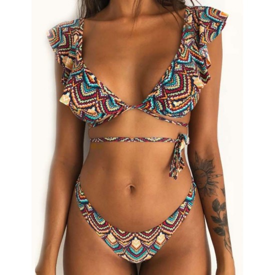 Big Ruffle Color Printed Women Sexy Bikini Swimwear