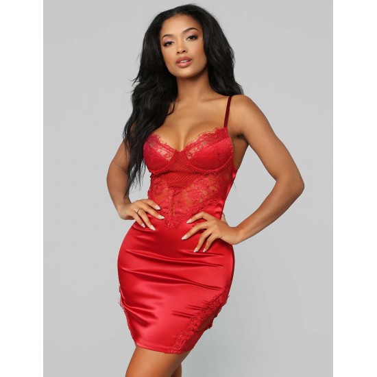 Sexy Rose Lace Fitted Low Back Satin Club Party Bodycon Dress