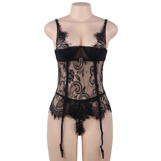 Black Sheer Mesh Eyelash Lace Stitching Babydoll