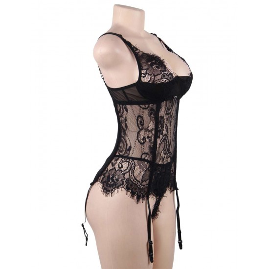 Black Sheer Mesh Eyelash Lace Stitching Babydoll